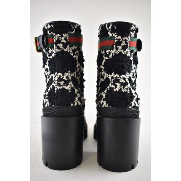 Gucci Black White GG Logo Tweed Lace Up Tie Block Heel Lug Sole Combat Boot 36.5 - Picture 16 of 16